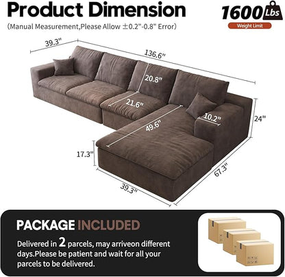 136.6'' L-Shaped Modern Modular Sectional Cloud Couch, 4-Seat Chenille Deep-Seat Sofa with Pillow for Living Room, Bedroom, Apartment, Camel