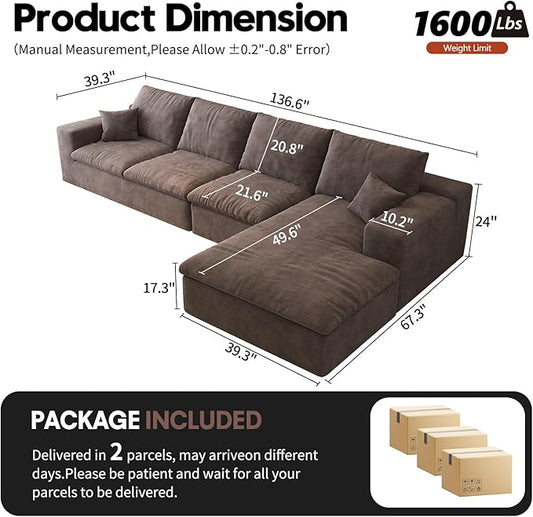 136.6'' L-Shaped Modern Modular Sectional Cloud Couch, 4-Seat Chenille Deep-Seat Sofa with Pillow for Living Room, Bedroom, Apartment, Camel