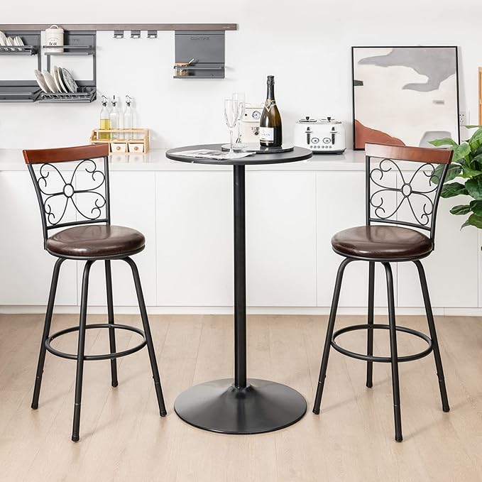 COSTWAY Bar Stools for Kitchen Island, 24/30 Inch Adjustable Seat Height Swivel Barstools Set of 2, Cushioned Seat & Cozy Backrest, Extra Leg Tubes for Height Adjustment, for Kitchen, Bar (2)