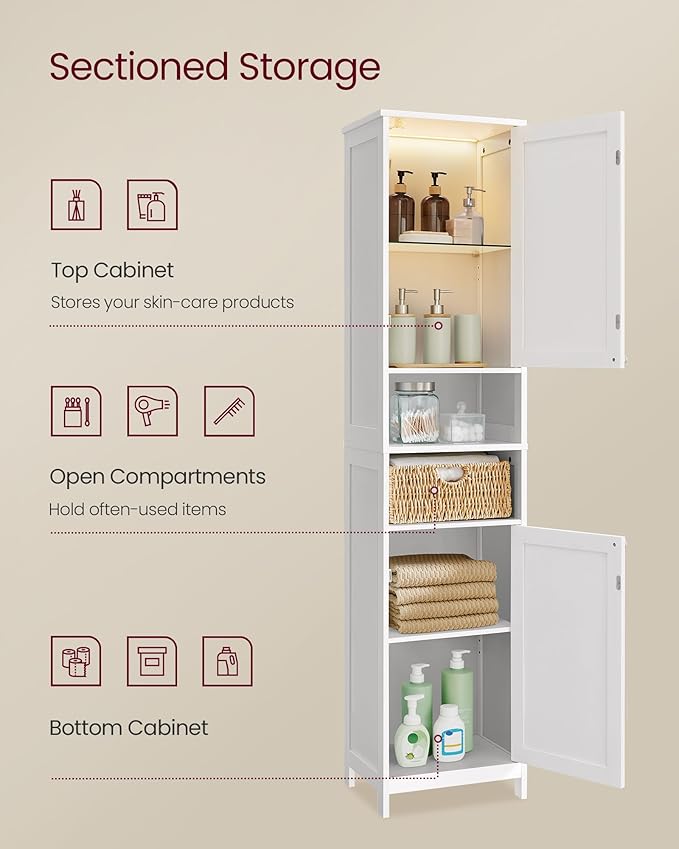 VASAGLE Tall Storage Cabinet with Lights, Slim Freestanding Cabinet with Adjustable Shelves, for Small Spaces, Bathroom, Living Room, Modern, 15.7 Inches Wide, Cloud White UBBC766W02