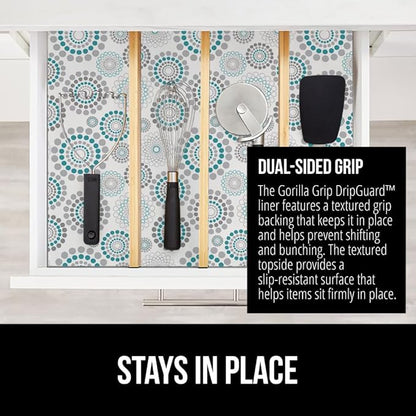 GORILLA GRIP DripGuard Shelf Liner, Non Adhesive Drawer and Kitchen Cabinet Protector, Slip Resistant BPA Free Smooth Surface Plastic Liners for Cabinets, Bathrooms, Closets, 12x120 Inch, Spiral