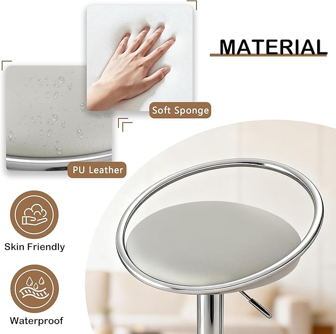 Bar Stools Set of 2, Adjustable Swivel Counter Height Barstools with Upholstered Seat, PU Leather Counter Stools for Bar, Kitchen Island, Dining Room, Silver