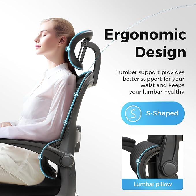 MAISON ARTS Ergonomic Office Chair, Breathable Mesh Computer Chair with Lumbar Support and Flip up Armrests, Black High Back Office Chair Executive Desk Chair with Wheels for Home Office