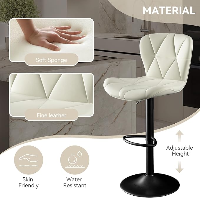 Bar Stools Set of 4,Adjustable Swivel Barstools, Faux Leather Bar Chairs,Upholstered Counter Height with High Backrest for Kitchen Island, White