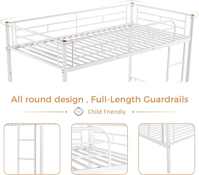 Merax Metal Bunk Bed, Bunk Bed with Ladder and high Guardrail, Able to Split, Under Bed Storage Space, Noise Free, Twin Over Twin Size, White