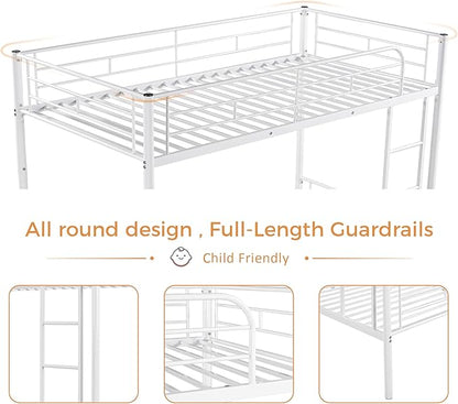 Merax Metal Bunk Bed, Bunk Bed with Ladder and high Guardrail, Able to Split, Under Bed Storage Space, Noise Free, Twin Over Twin Size, White