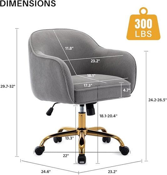 Home Office Desk Chair with Arms Gold Wheels Modern Velvet Upholstered Rolling Computer Chair Mid-Back Ergonomic Adjustable Swivel Vanity Chair for Bedroom Study Office, Grey,Corduroy
