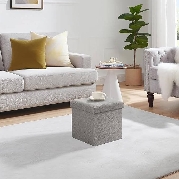 VECELO Storage Ottoman, 11.8'' Folding Footstools, Multipurpose Foot Rest Stool, Foldable Linen Fabric Ottomans, Small Square Ottoman Cube for Living Room/Bed Room/Dorm, Grey