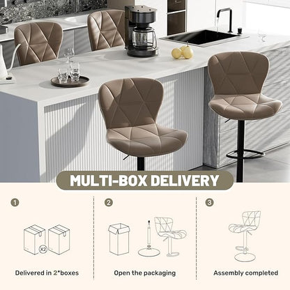 Bar Stools Set of 4,Adjustable Swivel Barstools, Faux Leather Bar Chairs,Upholstered Counter Height with High Backrest for Kitchen Island, Dark Khaki