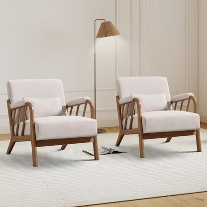 Mid Century Modern Accent Chair with Solid Wood Frame, Upholstered Living Room Chairs with Lumbar Cushion Padded Arms, Reading Armchair for Bedroom Set of 2, Beige