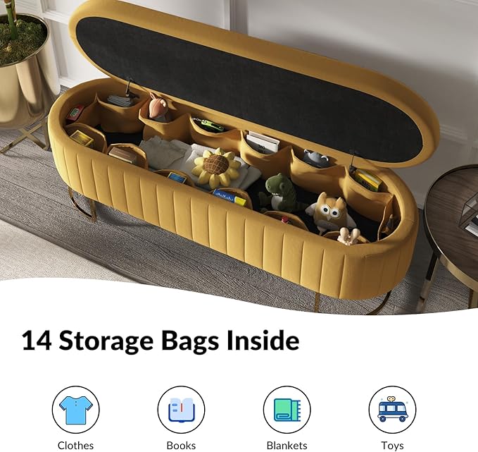 EcoHarbor Living 55.5" Storage Bench Ottoman End of Bed Bench Bedroom Bench, Upholstered Velvet Long Window Bench Large King Size with Gold Legs, Flipping Lid Entryway Footrest