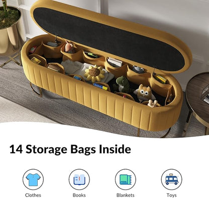 EcoHarbor Living 55.5" Storage Bench Ottoman End of Bed Bench Bedroom Bench, Upholstered Velvet Long Window Bench Large King Size with Gold Legs, Flipping Lid Entryway Footrest
