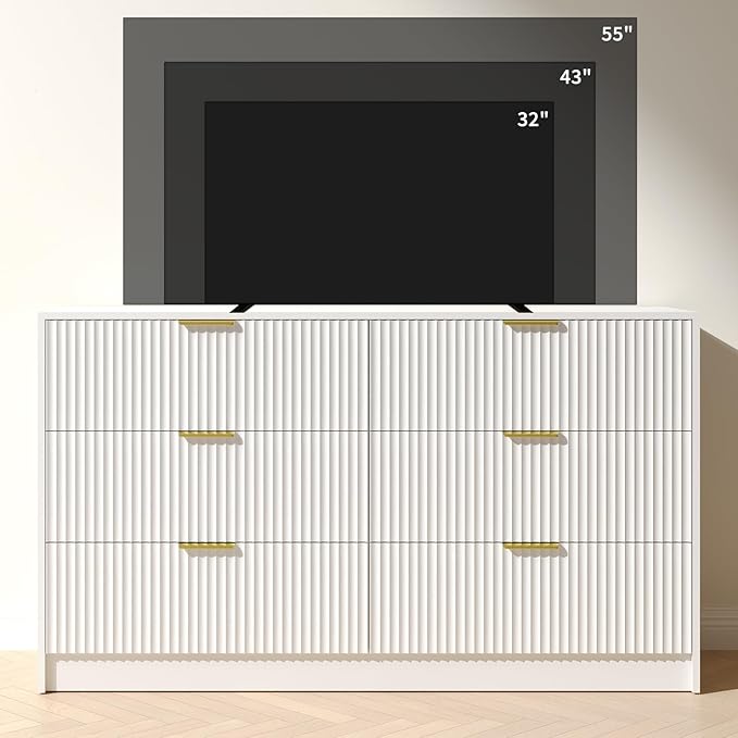 White 6 Drawer Dresser Bedroom,55” Wide Large White Fluted Dresser with Gold Handles, Modern Chest of Drawer for Closet, Bedroom, Living Room