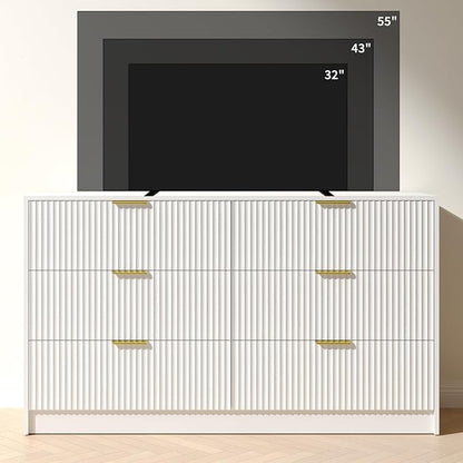 White 6 Drawer Dresser Bedroom,55” Wide Large White Fluted Dresser with Gold Handles, Modern Chest of Drawer for Closet, Bedroom, Living Room