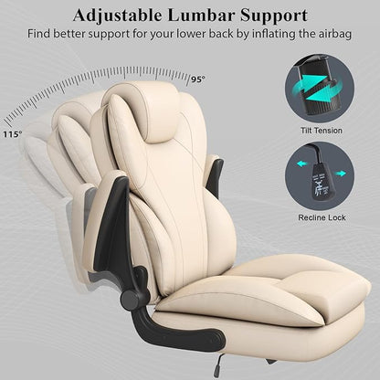 Office Desk Chair, Executive Leather Office Chair, High Back Ergonomic Home Desk Chair with Padded Flip-up Arms, Big and Tall Computer Chair with Rocking Function, 360°Swivel Free, Beige