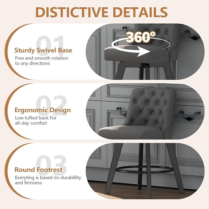 MINCETA Bar Stools Set of 4, PU Leather Barstools, 26 Inch Upholstered Counter Stools with Low Tufted Back and Footrest, Swivel Counter Height Barstools for Kitchen Island Home Bar Dark Gray
