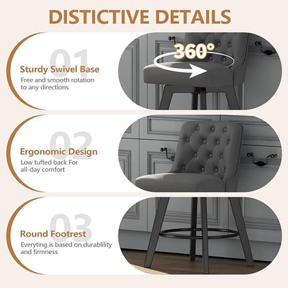MINCETA Bar Stools Set of 4, PU Leather Barstools, 26 Inch Upholstered Counter Stools with Low Tufted Back and Footrest, Swivel Counter Height Barstools for Kitchen Island Home Bar Dark Gray