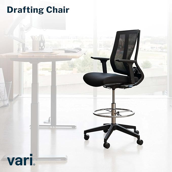 Vari Drafting Chair (VariDesk) - Tall Adjustable Office Chair with Footrest & Rolling Casters - Ergonomic Mesh Back for Lumbar Support - Ideal for Artist, Drafting Desk, or Counter Work - Black