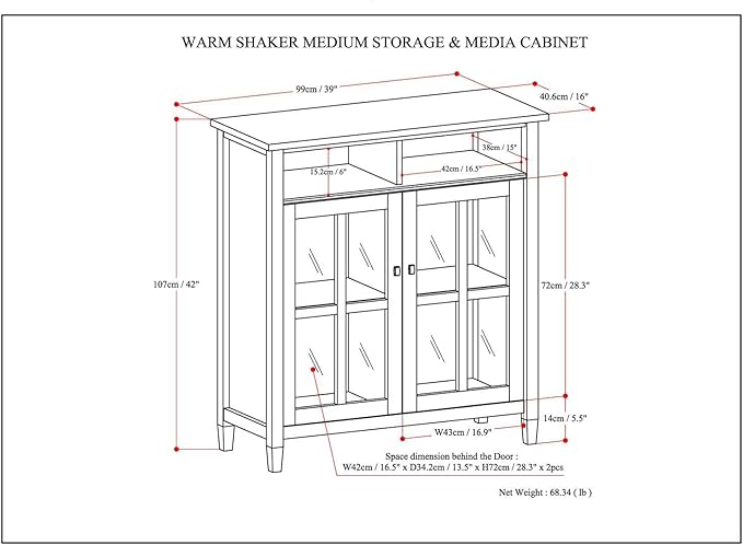 SIMPLIHOME Warm Shaker SOLID WOOD 39 inch Wide Transitional Medium Storage Media Cabinet in Light Golden Brown for the Living Room, Entryway and Family Room
