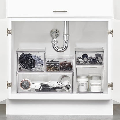 mDesign Plastic Stackable Bathroom Storage with Pull Out Bin Organizer Drawer for Cabinet, Vanity, Shelf, Cupboard, Cabinet, or Closet Organization - Lumiere Collection - Clear