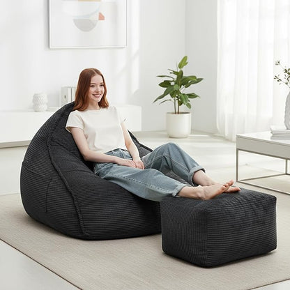 Cloud Bean Bag Chair with Ottoman for Adults, Comfy Corduroy Chaise Lounge Chair with High-Resilience Foam, Oversized Boneless Reading Chair for Bedroom & Living Room (Charcoal)