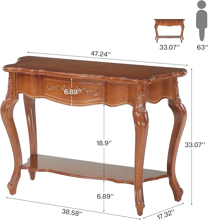 Tribesigns 47.2-Inch Console Table with Solid Wood Veneer, Mid-Century Modern Entryway Table with Shelves, Victorian Furniture for Living Room, Hallway, Entrance, Foyer (Walnut)