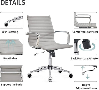 Gray Office Chair Ergonomic Computer Desk Chairs Executive Conference Room Chair Leather Modern Home Office Chair for Desk Mid Back Adjustable Swivel Chairs with Lumbar Support(Gray)…