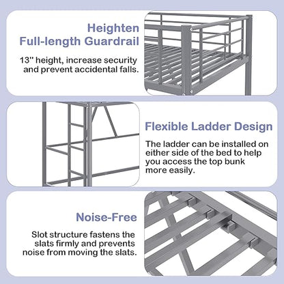 VECELO Metal Loft Bed Twin Size, Heavy Duty Bedframe with Removable Ladder and Safety Guardrail, Space-Saving, Noise Free, No Box Spring Needed, Grey