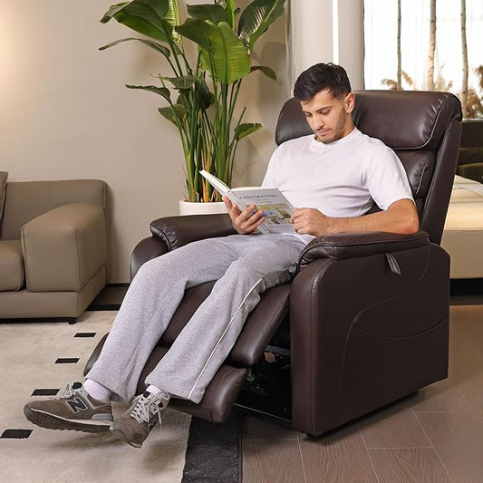 EONIX Dual Motor Lay Flat Power Lift Recliner Chair for Elderly, Electric Leather Lift Chairs for Adults, 400lbs Heavy Duty Power Recliner Lift Sofa with Heat and Massage, Dark Brown