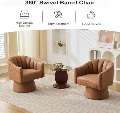Swivel Accent Chair, Faux Leather 360° Swivel Barrel Chair Upholstered Modern Living Room Chair, Overstuffed Reading Armchair for Bedroom,Vanity,Office-Brown