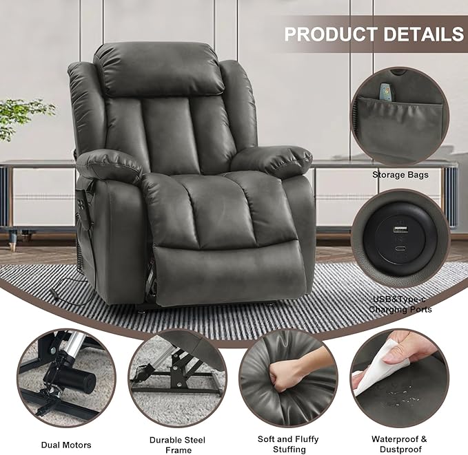 Dual Motor Large Power Lift Recliner Chair for Elderly with Heat and Massage,Lay Flat Lift Chairs Recliners for Seniors Infinite Position,USB Ports&Remote, Leather (Silver Grey, Medium)