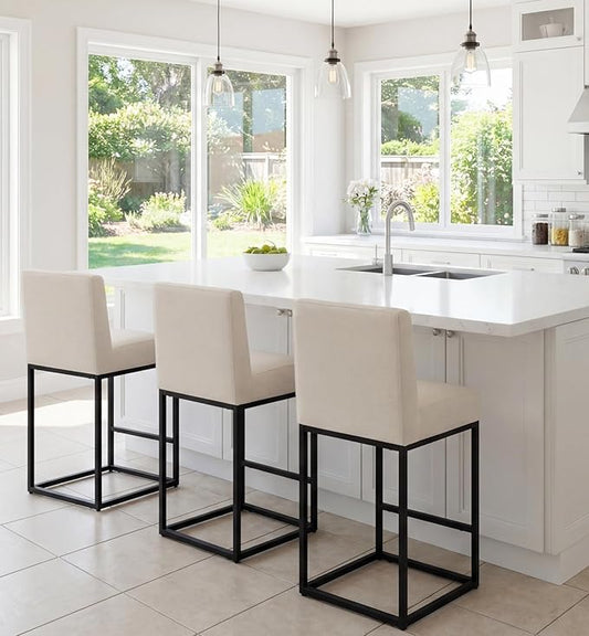 27" Counter Height Bar Stools Set of 3 with Back and Footrest for Kitchen Modern Metal Barstools, Linen Upholstered Bar Chairs Island Stools, Beige
