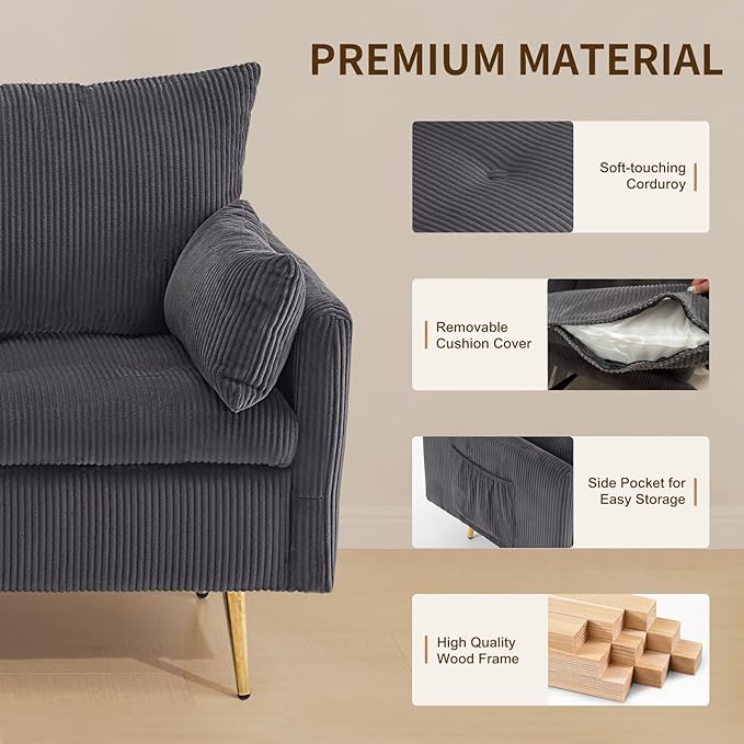 Furnimart 2-Seater Storage Loveseat for Small Spaces, 62“ Corduroy Couch with Removable Cushion Cover and Metal Leg for Bedroom, Apartment, Tiny Homes and Lofts, Gray