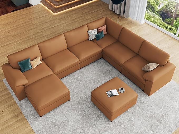 EASE MOOSE Modular Sectional Sofa, Oversized Faux Leather Sectional with Ottoman, Wide Deep Modular Couch, Scratch Resistant Faux Leather Material, U Shaped Couch for Big Spaces, Brown