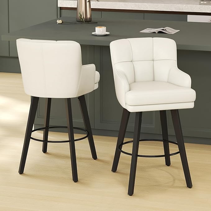 360°Swivel Counter Height Bar Stools with Back, 30 inch Solid Wood Legs, Bar Stool Modern Kitchen Island Chairs, Faux Leather (Beige- Faux Leather, 30" H- Set of 2)