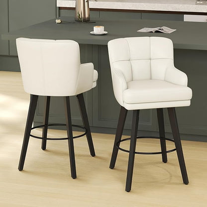 360°Swivel Counter Height Bar Stools with Back, 30 inch Solid Wood Legs, Bar Stool Modern Kitchen Island Chairs, Faux Leather (Beige- Faux Leather, 30" H- Set of 3)