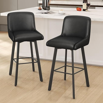 Swivel Bar Stools, 30''H Upholstered Barstools with Backs, Modern Counter Height Bar Stool Chairs for Kitchen Island, Metal Legs (Black- Faux Leather, Set of 2-30" H)