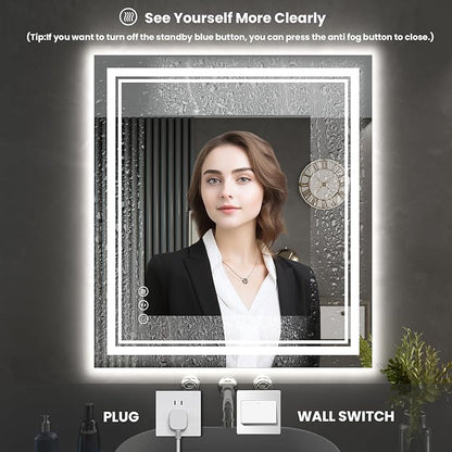 24 x 28 Inch LED Bathroom Mirror, Front Light and Backlit Anti-Fog Dimmable Memory Lighted Vanity Mirror, Shatterproof Wall-Mounted Led Mirror for Bathroom