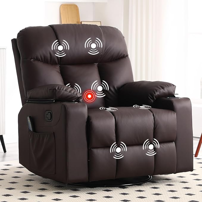 Bonzy Home Swivel Rocker Recliner with Heating and Massage, 40" Manual Rocker Recliner Chair, PU Leather Single Sofa with 2 Cup Holders for Living Room Bedroom, Brown