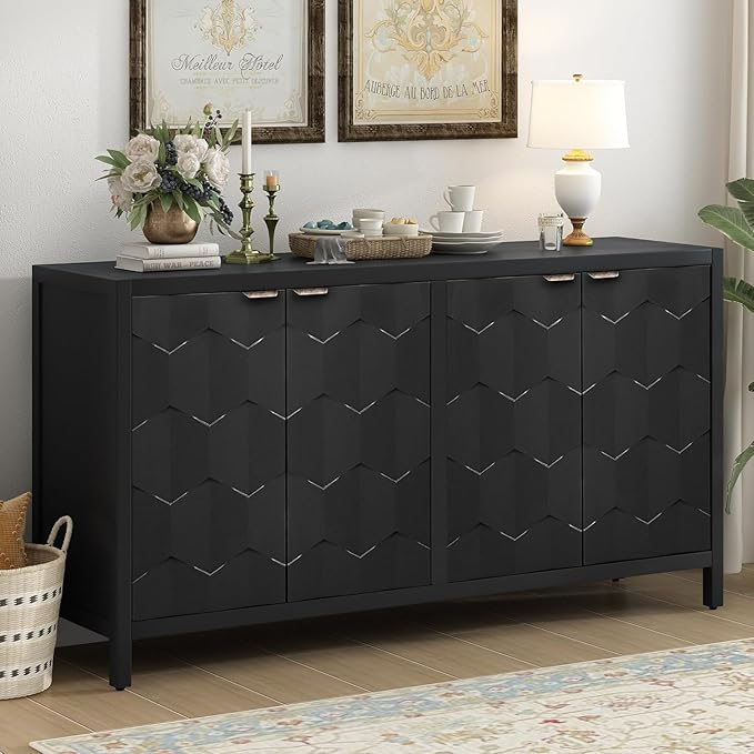 Sideboard Buffet Cabinet with Storage,Wood Modern Sideboard with Honeycomb Patterned Doors,Adjustable Shelves for Living Room Dining Room Kitchen (Black)