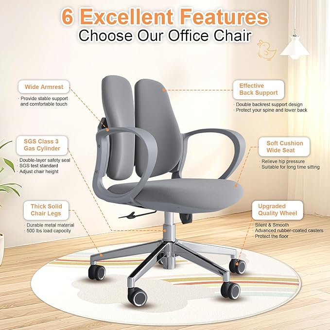 Ergonomic Office Chair Desk Chair Dual-backrest Computer Chair with Flexible Lumbar Support and Adjustable Height, 500lbs Extra Wide Seat with Wheels, for Home & Office Use Grey