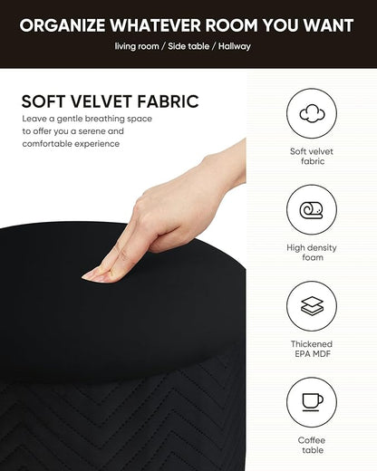 B FSOBEIIALEO Ottoman with Stroage, Round Velvet Storage Ottoman with Gold Plating Base,Foot Rest Stool for Dorm Room, Living Room Black, 16.73"x16.73"x17.72"