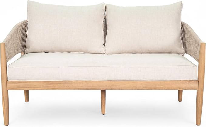 Christopher Knight Home Katarina Patio Acacia Wood Loveseat Furniture, Outdoor Loveseat Sofa with Comfy Fabric Cushions, 2-Seater Sofa with Handwoven Rope Backrest for Garden, Light Brown+Beige