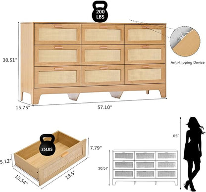 Natural Rattan 9-Drawer Dresser | Modern Bohemian Storage Chest – Includes Anti-Tip Wall Straps & Metal Slides | Versatile Furniture for Bedroom or Living Room