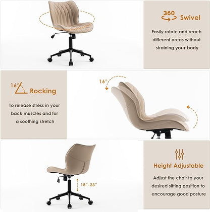 YOUNUOKE Armless Desk Chair Comfy Office Chair with Wheels Home Ergonomic Task Chair Adjustable Computer Chairs Modern Faux Leather Swivel Chair Upholstered Makeup Vanity Chair with Back(Khaki)