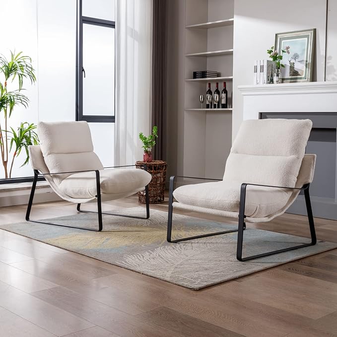 HEAH-YO Modern Accent Chair Set of 1, Upholstered Sherpa Living Room Chair with Backrest and Metal Frame, Comfy Reading Chair for Bedroom, White