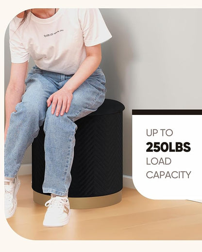 B FSOBEIIALEO Ottoman with Stroage, Round Velvet Storage Ottoman with Gold Plating Base,Foot Rest Stool for Dorm Room, Living Room Black, 16.73"x16.73"x17.72"