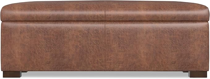 SIMPLIHOME Gabbie 48 inch Wide Contemporary Rectangle Rectangular Storage Ottoman in Distressed Saddle Brown Vegan Faux Leather, Assembled, for The Living Room, Entryway and Family Room