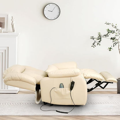 MAEVIS Large Genuine Leather Power Lift Recliner Chair, Dual Motor Recliner for Elderly,Extended Footrest and Lumbar Pillow for Tall Man,with Heat and Massage, USB and Type-C Ports(Beige)