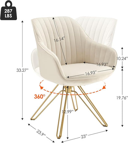 Zouron Mid Century Modern Swivel Accent Chair with Gold Metal Legs, Upholstered Desk Chair No Wheels, Side Office Arm Chair Vanity Chair for Small Space Home Office Living Room Bedroom, Beige